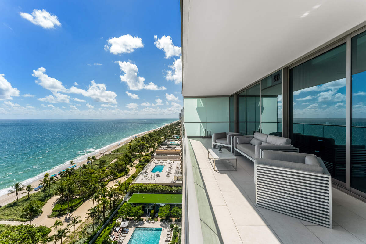 The eastern-facing balconies overlook the Atlantic Ocean, as well as the condo building’s two swimming pools.